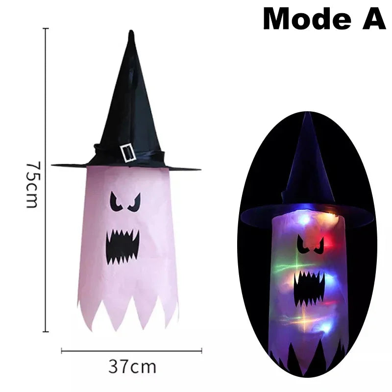10 Peças de decoração suspensa de Halloween, chapéus de bruxa fantasma iluminados
