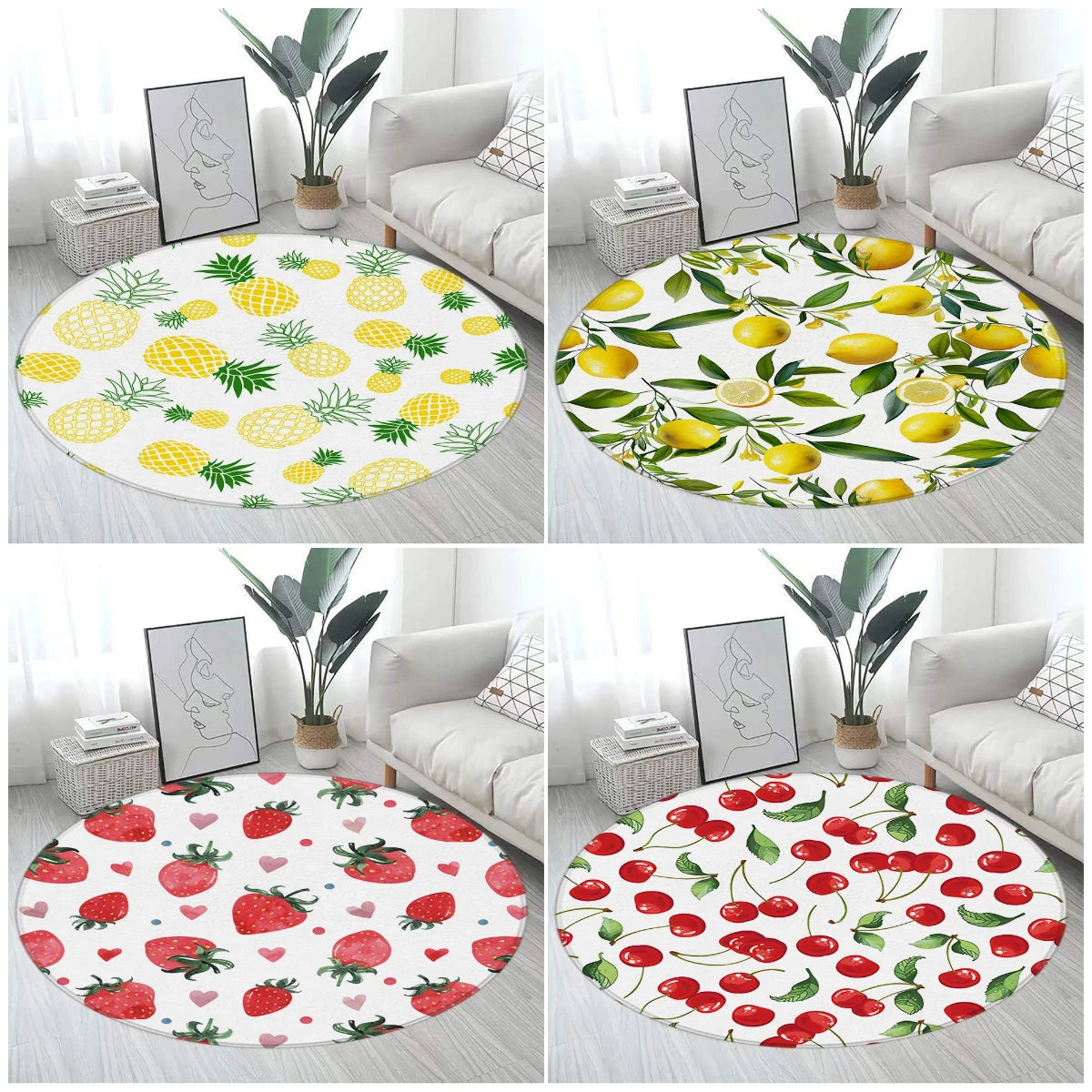 Tapetes decorativos com padrão de frutas tropicais, tapetes redondos, abacaxi e limão