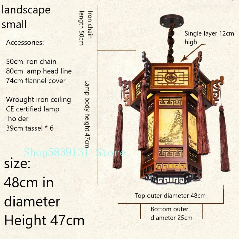 Luminária pendente de lanterna de madeira vermelha estilo chinês, abajur retrô