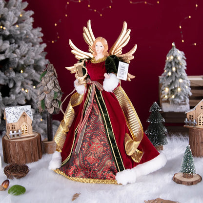 Enfeite de árvore de anjo de Natal asas douradas, elegante estatueta anjo vestido verde