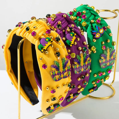 Acessórios de faixa de cabeça de carnaval, roxo, verde, amarelo, strass e acolchoada