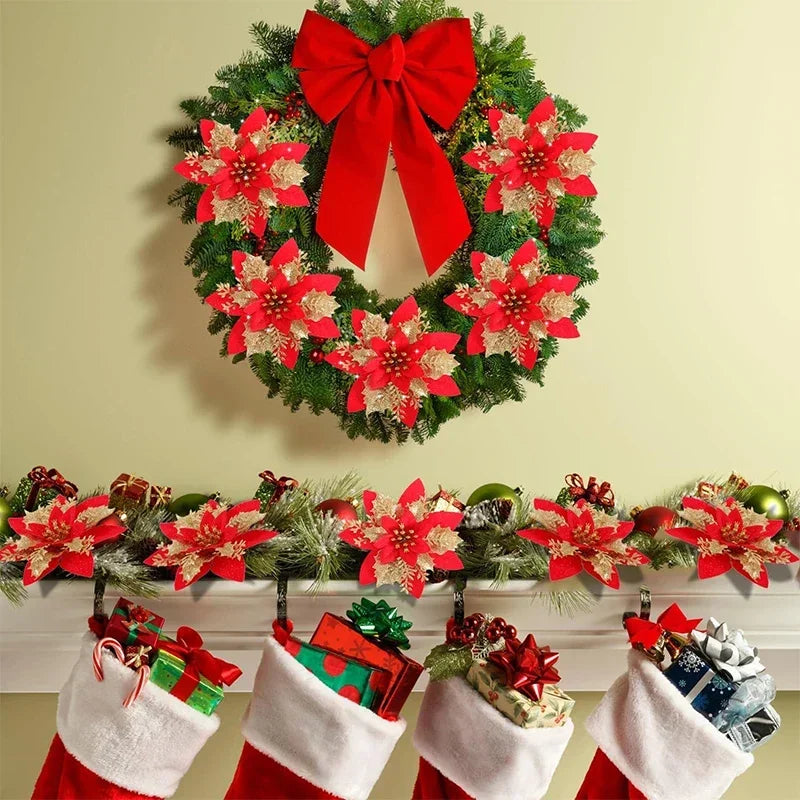 Flor de 5/10 Peças Poinsétia Artificial com Glitter e Enfeites de Natal para shopping