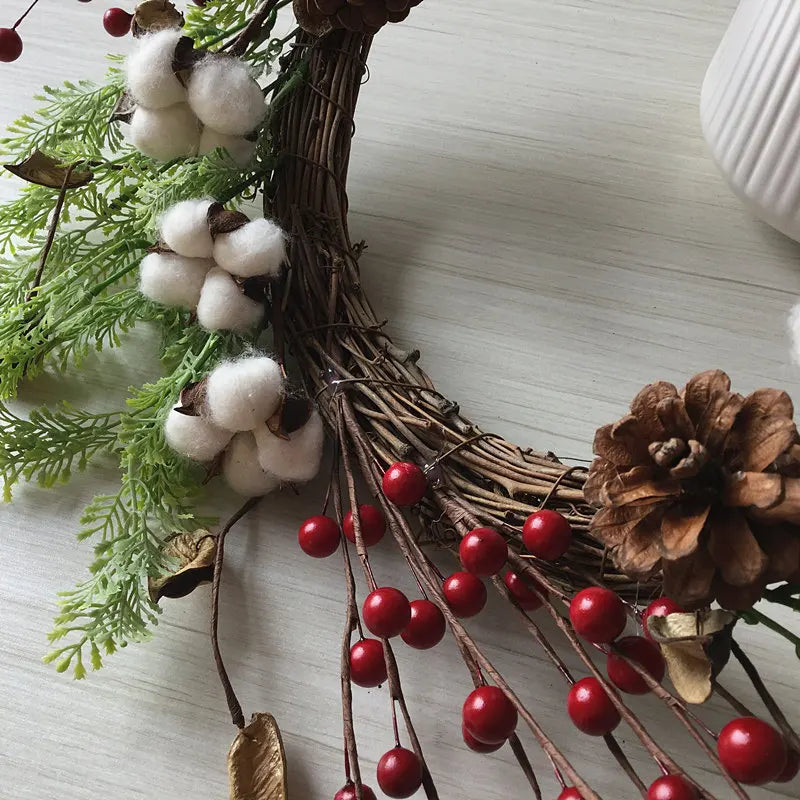 Guirlanda de flores de algodão seco, guirlanda de Natal, pingente de porta, decoração