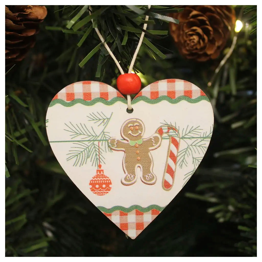 Pingente Coração Gengibre Kit 2 Enfeites Pendentes para Árvore de Natal em MDF 7cm