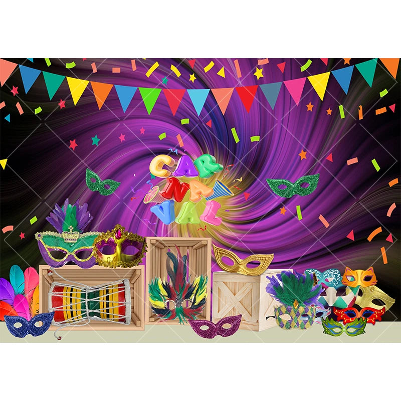 Carnaval, cenário fotográfico, roxo, verde, dourado, máscara, baile, dança, fundo máscaras