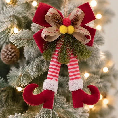 Enfeite Natalino de Pernas de Elfo com Laço e Pinha, Ideal para Pendurar em Árvores de Natal, Portas, Janelas