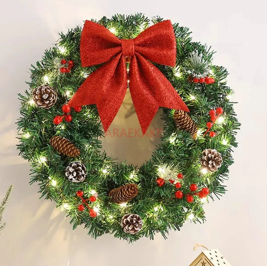 Guirlanda de Natal de 60 cm com laço realista artificial e realista guirlanda frutas vermelhas