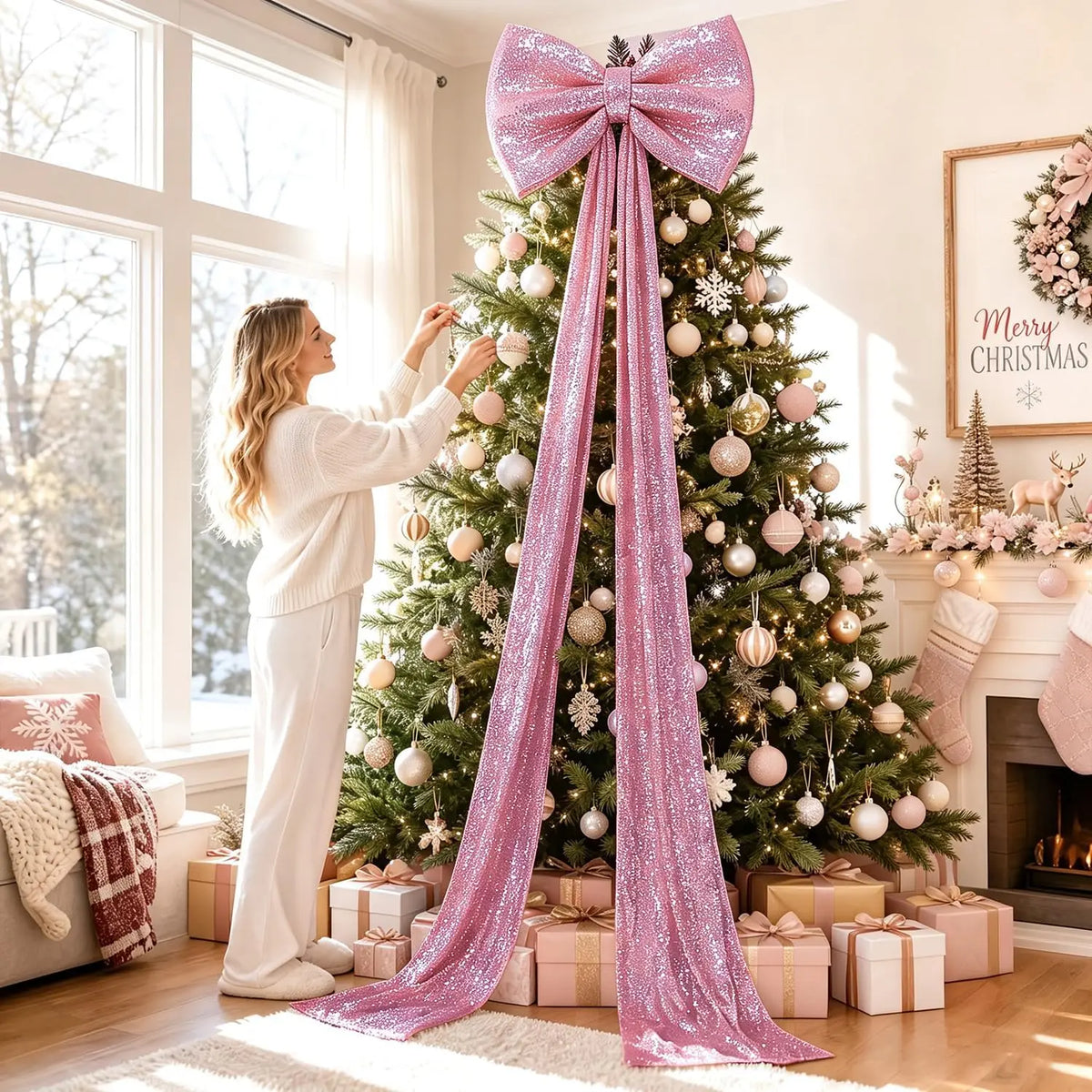 Laço Decorativo Shopping Gigante de Cor Rosa com Fitas Longas Penduradas no Topo de uma Árvore de Natal