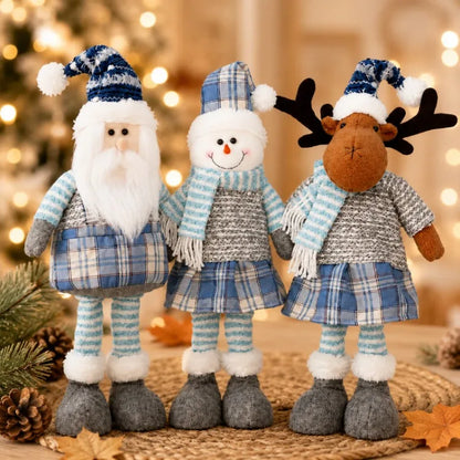 Boneco de Papai Noel Azul Decoração de Natal em Tecido Xadrez Azul com Papai Noel