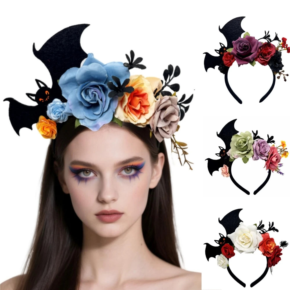 Tiara de Halloween morcegos aranhas rosa halo flores coroa cabeça gótica rosa morcego