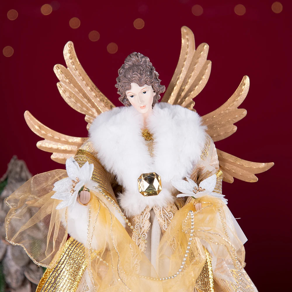 Enfeite de árvore de anjo de Natal asas douradas, elegante estatueta anjo vestido verde