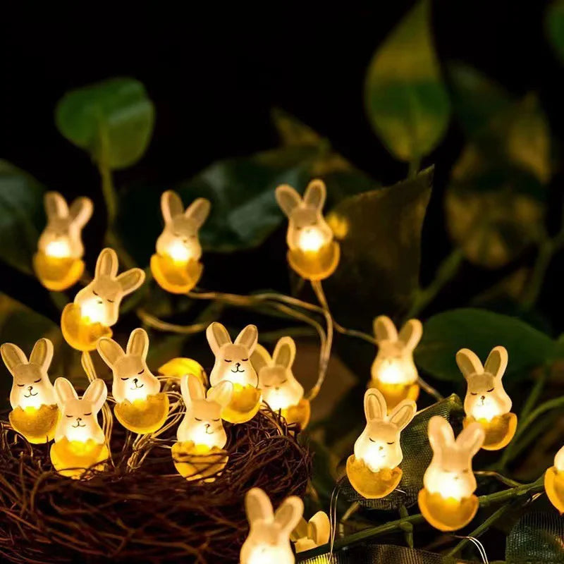 Cordão de Coelho LED Luzes de Páscoa, decorações de primavera de ovo coelho e cenoura