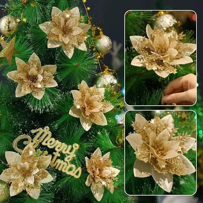 Flor Vermelha Natalina com Glitter  Flores Natal Artificiais Glitter de 14 cm, 5/10/20/50 Peças