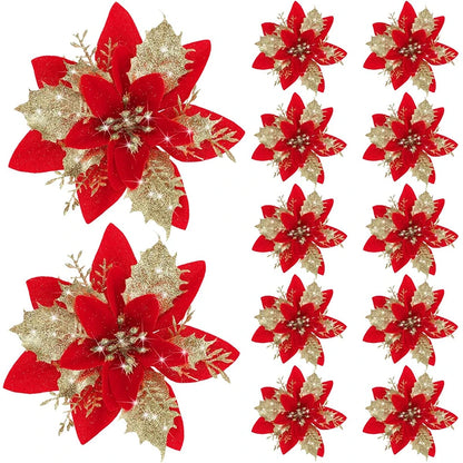Flor de 5/10 Peças Poinsétia Artificial com Glitter e Enfeites de Natal para shopping