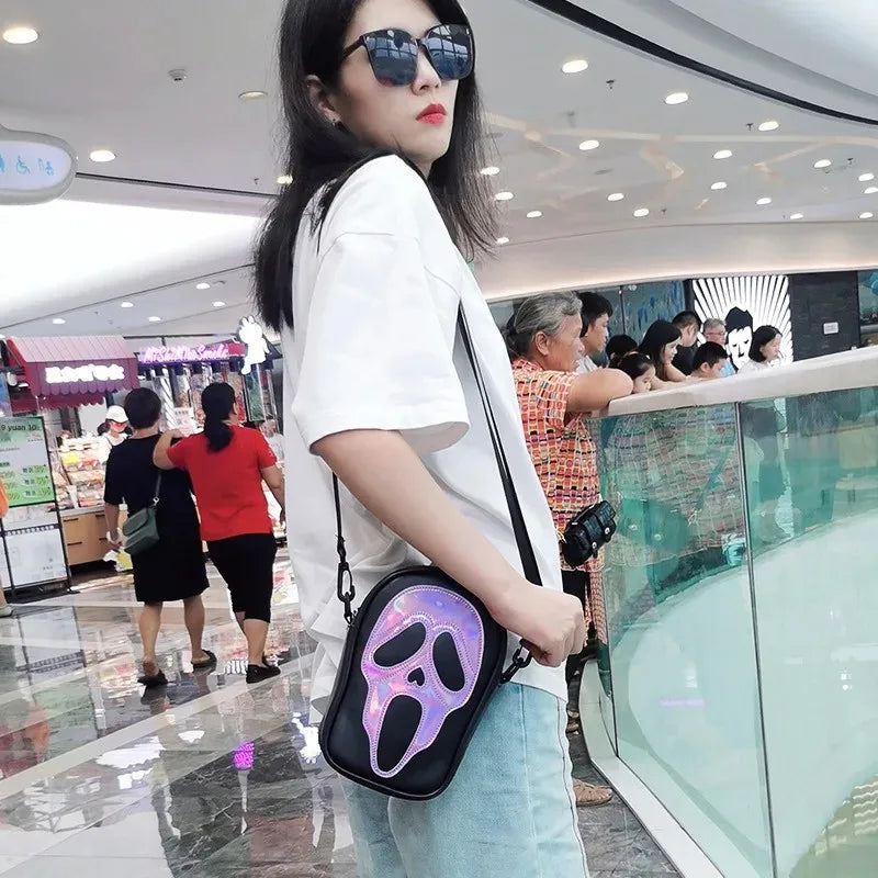 Bolsa transversal com rosto de fantasma refletivo de Halloween para mulheres e homens