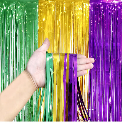 Pacote com 2 cortinas de franja de folha de carnaval 1 m x 2,5 m verde roxo dourado