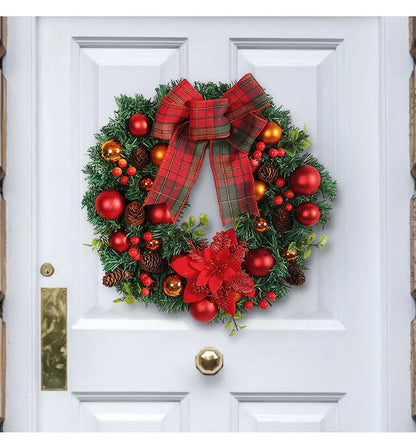 Guirlanda de Natal iluminada de 37,5 cm com grande laço xadrez de búfalo, pinhas e frutas