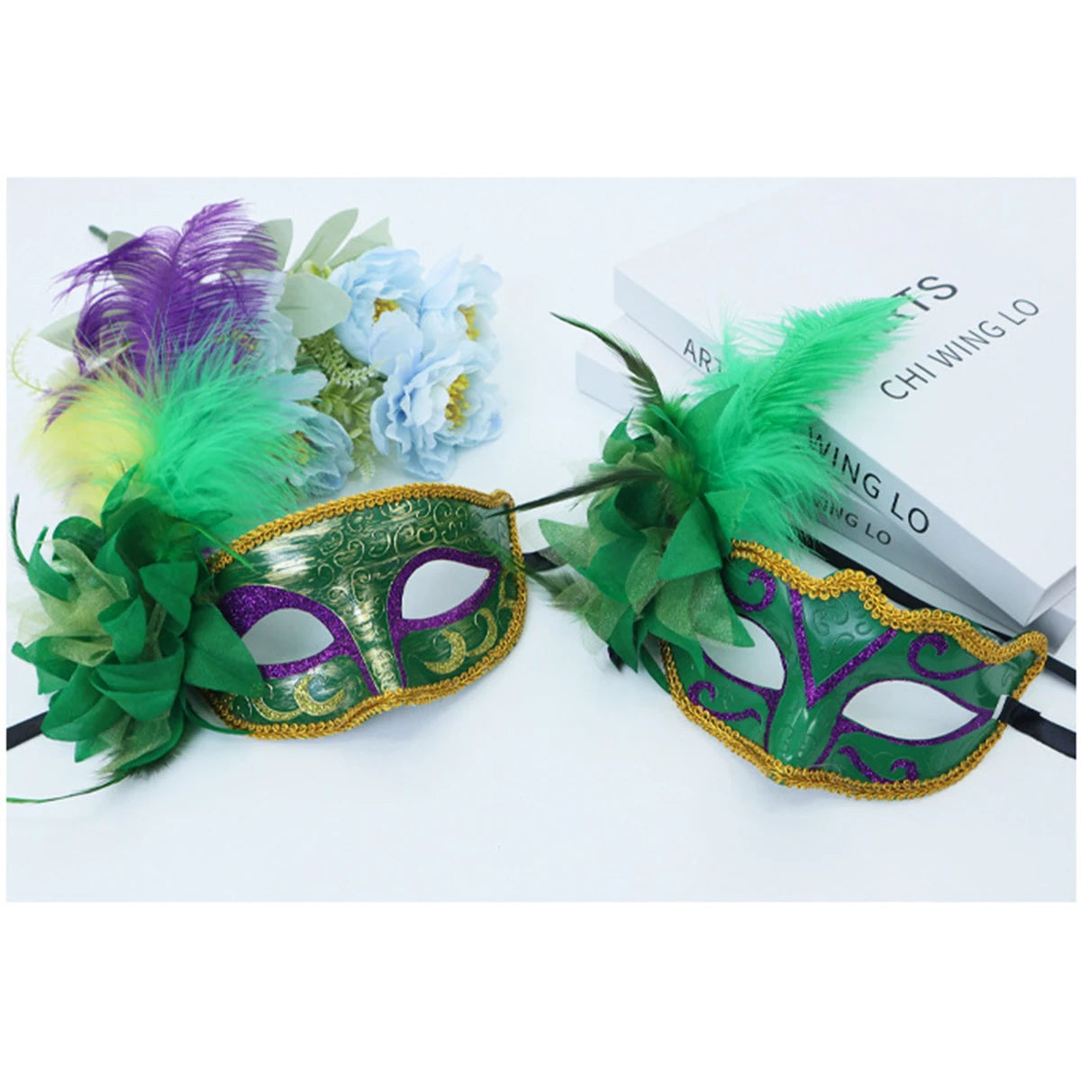 Máscara emplumada Carnaval desenho Carnaval Verde Roxo Amarelo PVC