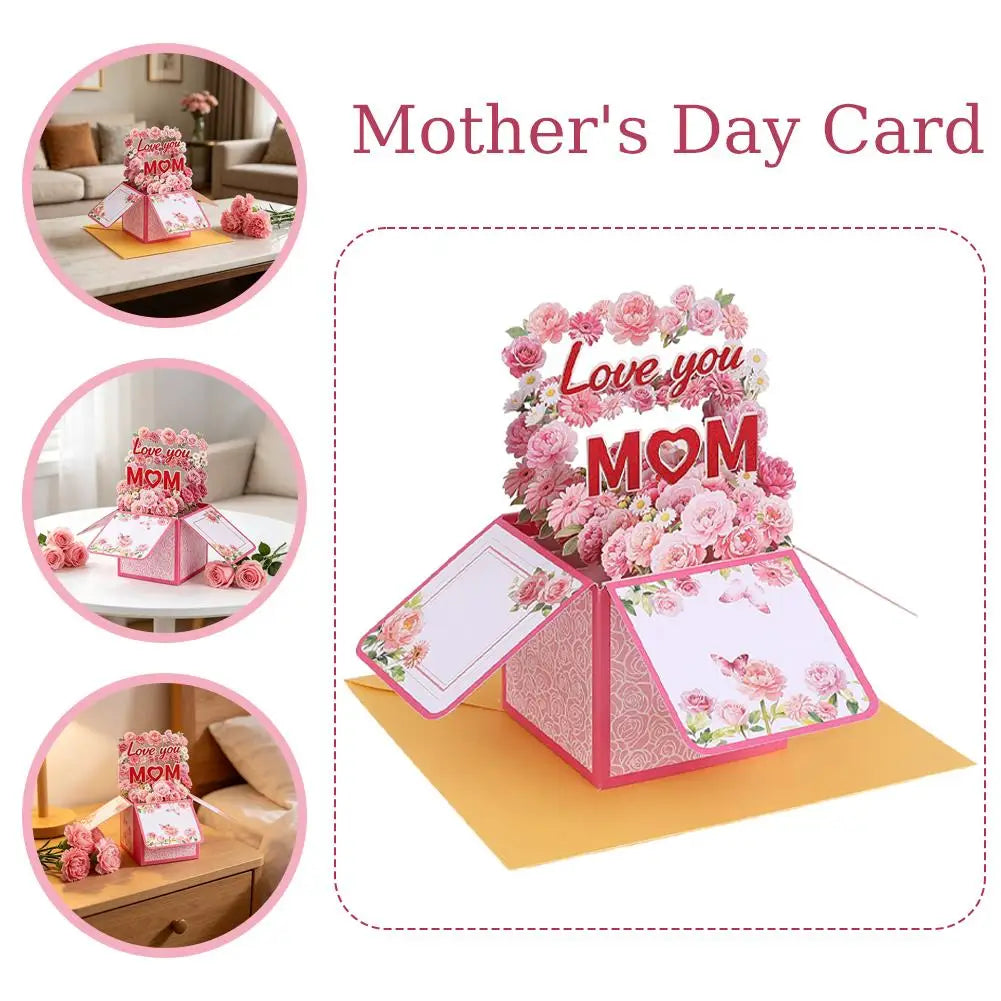 Cartão pop-up feliz Dia das Mães, buquê de flores 3D cartão comemorativo com envelope