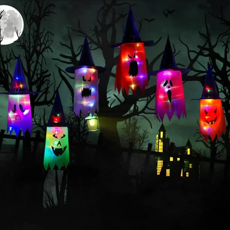 10 Peças de decoração suspensa de Halloween, chapéus de bruxa fantasma iluminados