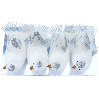 Kit 4 Decoração Natal Presilha Pássaro Branco com Glitter Pássaro Branco Árvore de Natal