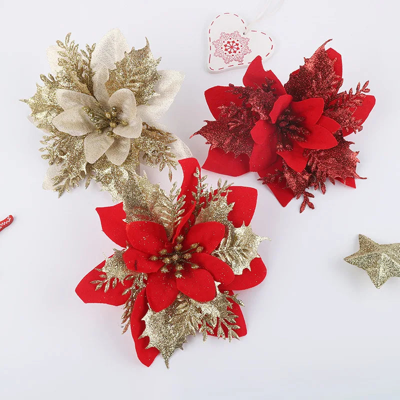 Flor Vermelha Natalina com Glitter  Flores Natal Artificiais Glitter de 14 cm, 5/10/20/50 Peças