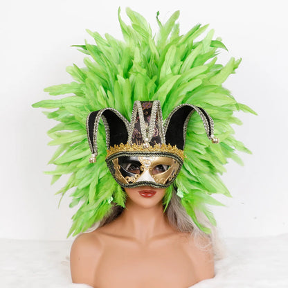 Máscara Veneziana Arlequim com Penacho de Plumas Pretas (Máscara de Bobo da Corte / Carnaval Veneziano)