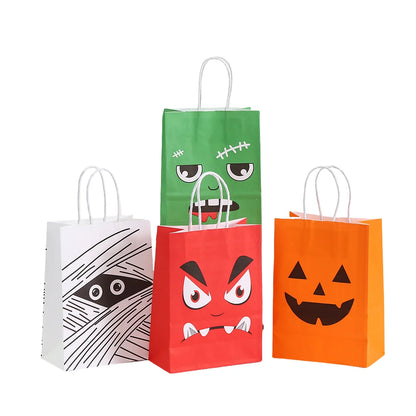 24 Peças de sacos de papel kraft de Halloween com alças rosto fantasma monstro abóbora
