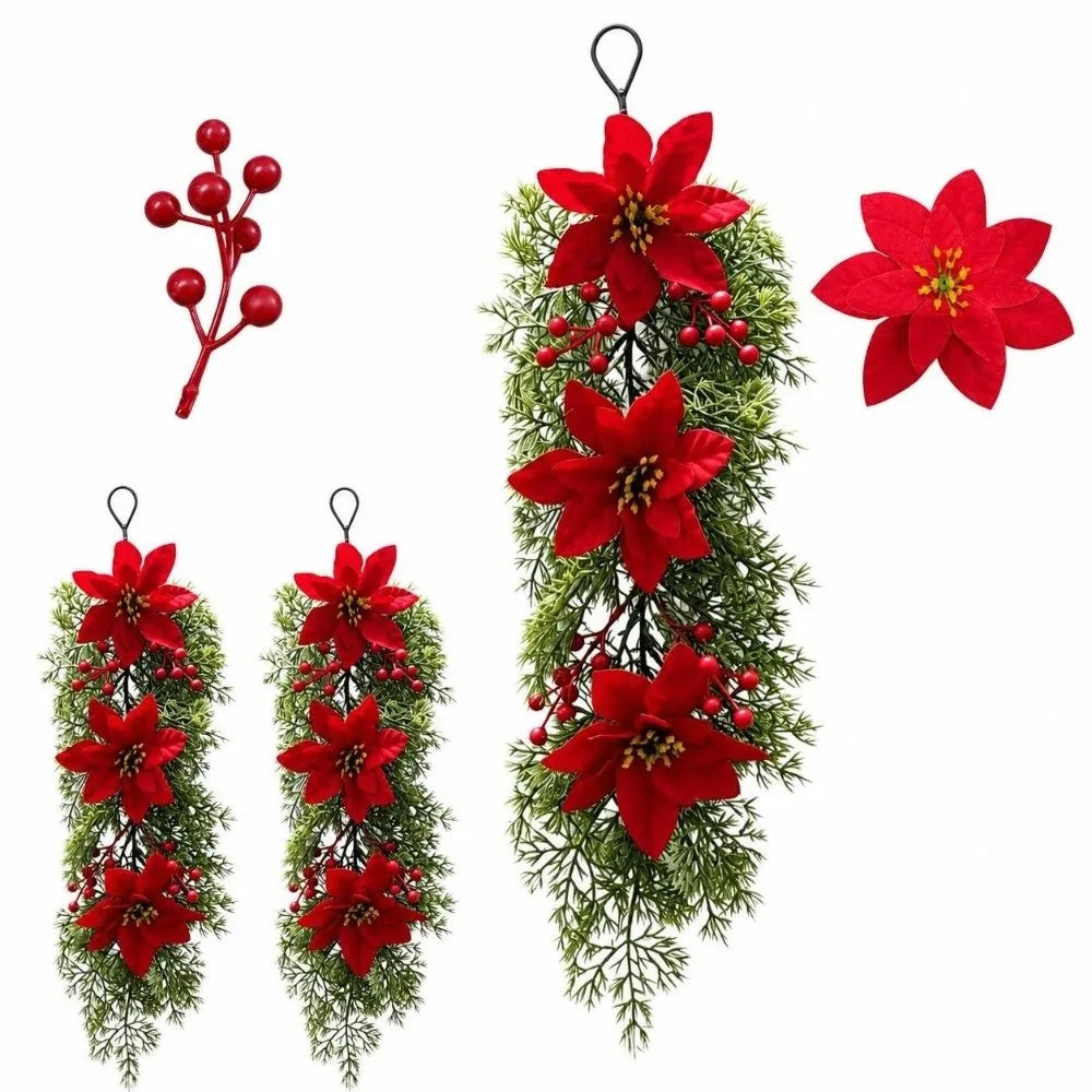Enfeite é um Arranjo Pendente de Natal Artificial, Flores de Poinsétia Vermelho e Folhagem Pinheiro
