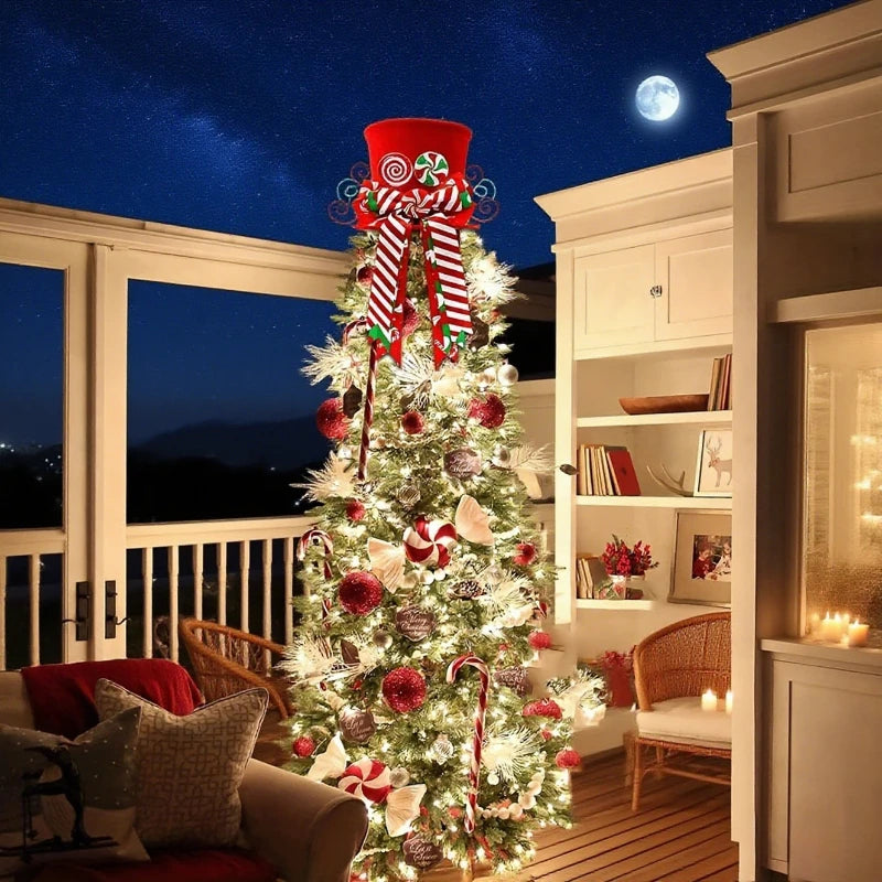 Ponteira Decorativa Árvore de Natal, Enfeite de Árvore Natalina Chapéu Vermelho com Bengalas