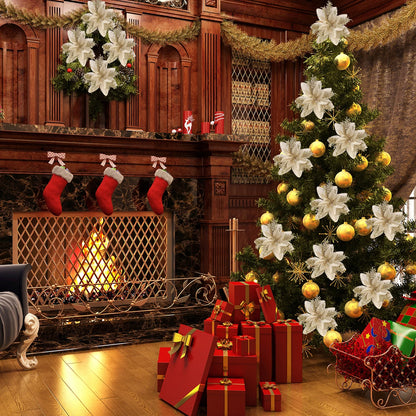 24 peças, flor de poinsétia, flores artificiais de Natal com clipes, hastes e poinsétias