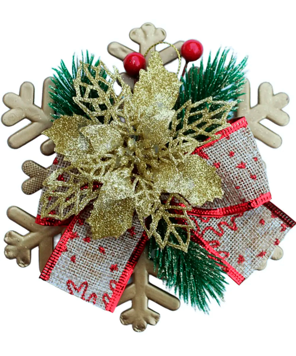 Enfeite Pendente Natalino Laço Arranjo Decoração Natal 15cm Flor Dourado Árvore Natal