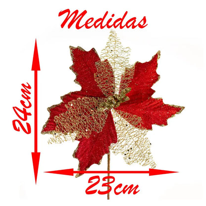 Artificial Brilho Natal Vermelho Kit 2 Flores Decoração Natal Artificial Brilho Vermelha 24cm