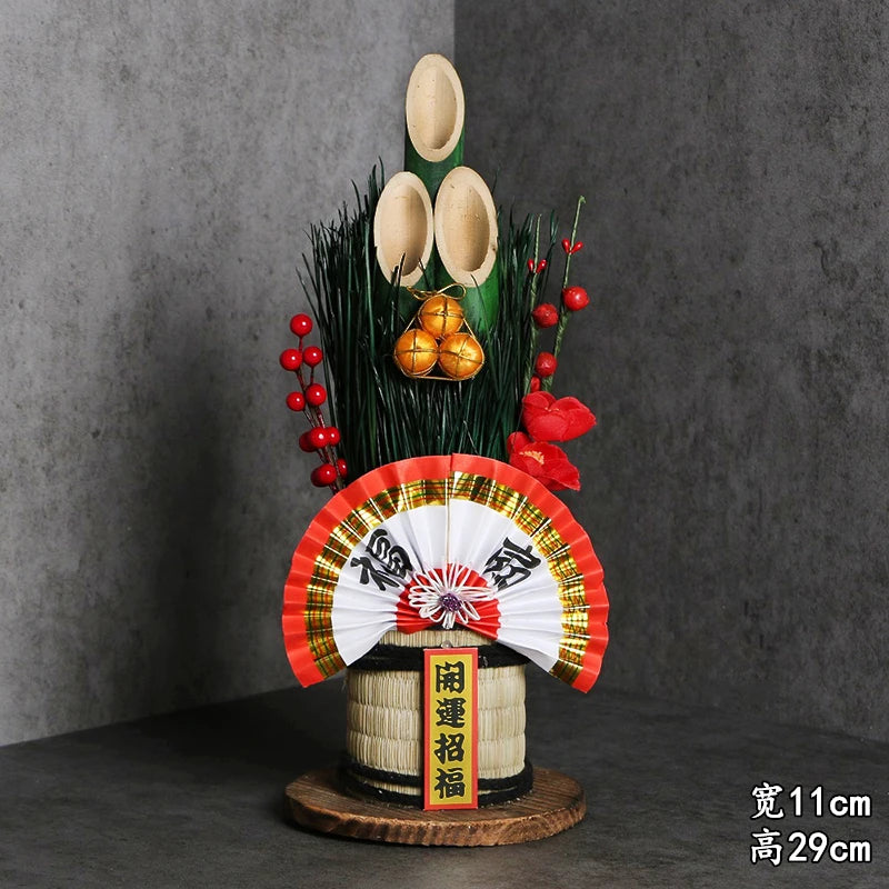 Vaso Três Tubos Leque Dourado com Placa de Madeira, Adorno de Mesa de Ano Novo Japonês (Kadomatsu)