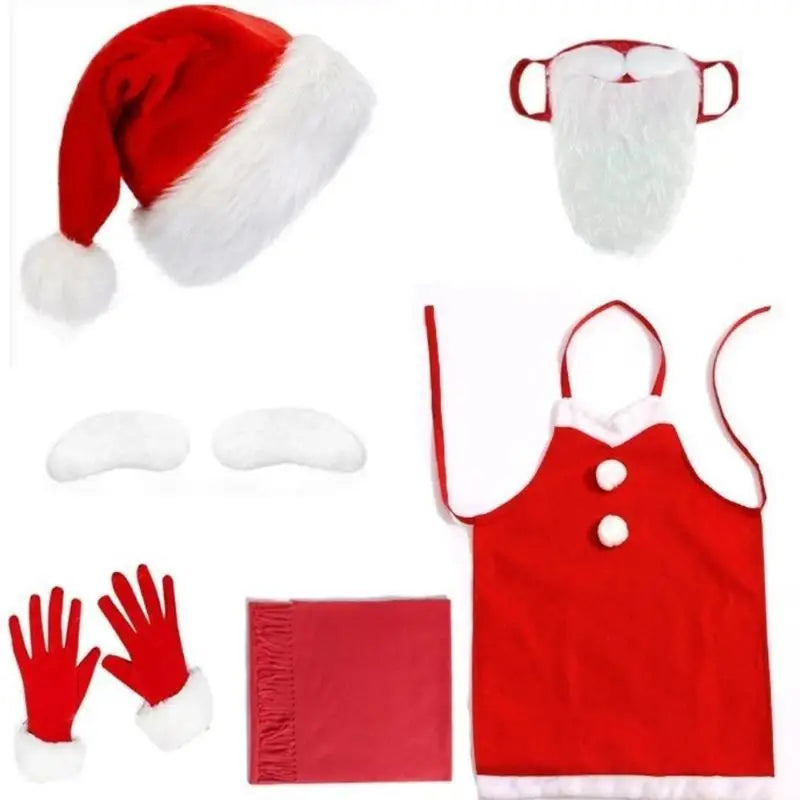 Kit Fantasia Papai Noel Adulto Com Avental E Óculos - 7 Peças, Avental Papai Noel Natalino Com Barba Gorro