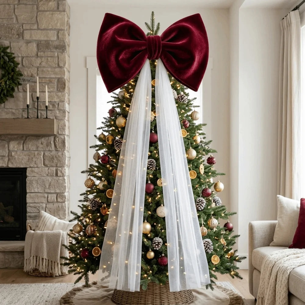 Laço de Veludo com Cauda Longa em Tule/Organza, Ornamento para Árvore de Natal e Shopping