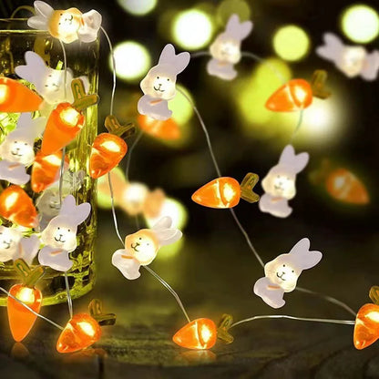 Cordão de Coelho LED Luzes de Páscoa, decorações de primavera de ovo coelho e cenoura