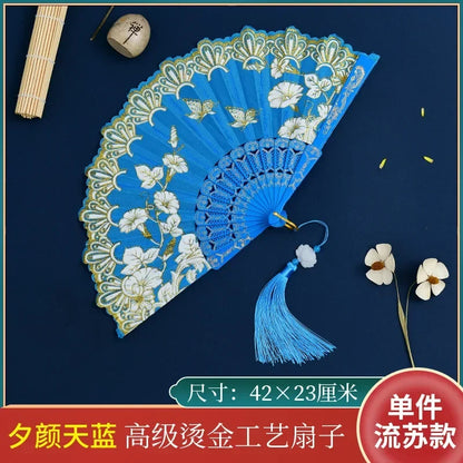 Leque Ventilador de mão de desempenho elegante borboletas de flores bronzeadoras