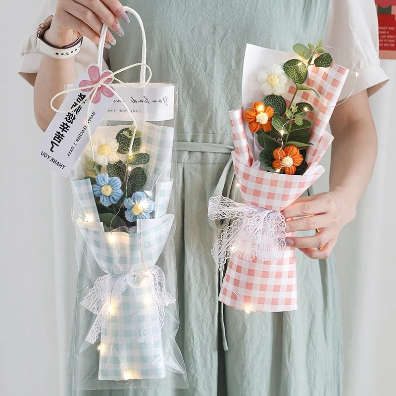 Kit completo de buquê de crochê de LED feito à mão, buquê de crochê, flor folhada falsa