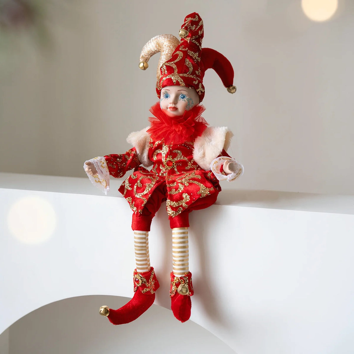 Bonecos Decorativos de Palhaço ou Pierrot de Natal com Pernas Articuladas em Tons Dourado, Vermelho, Prata