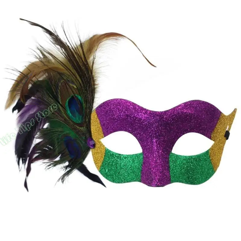 Máscara de Baile de Carnaval Estilo Veneziano Carnaval Enfeitada com Glitter nas Cores Verde, Dourado e Roxo