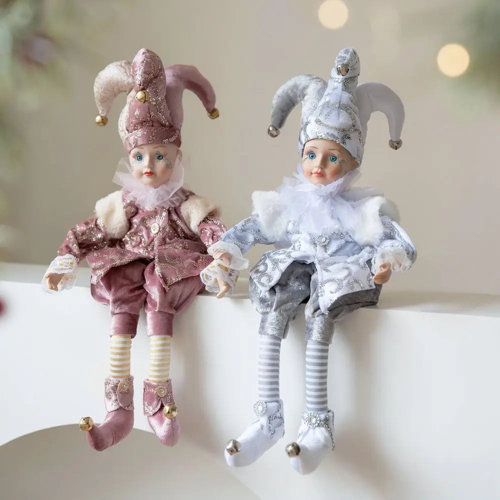 Bonecos Decorativos de Palhaço ou Pierrot de Natal com Pernas Articuladas em Tons Dourado, Vermelho, Prata