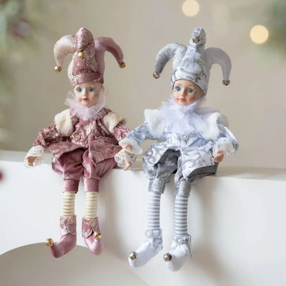 Bonecos Decorativos de Palhaço ou Pierrot de Natal com Pernas Articuladas em Tons Dourado, Vermelho, Prata