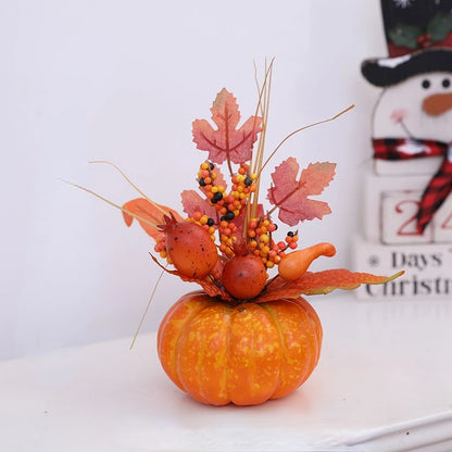 Festa Junina Abóbora artificial com flores, decoração de ação de graças com folhas bordo