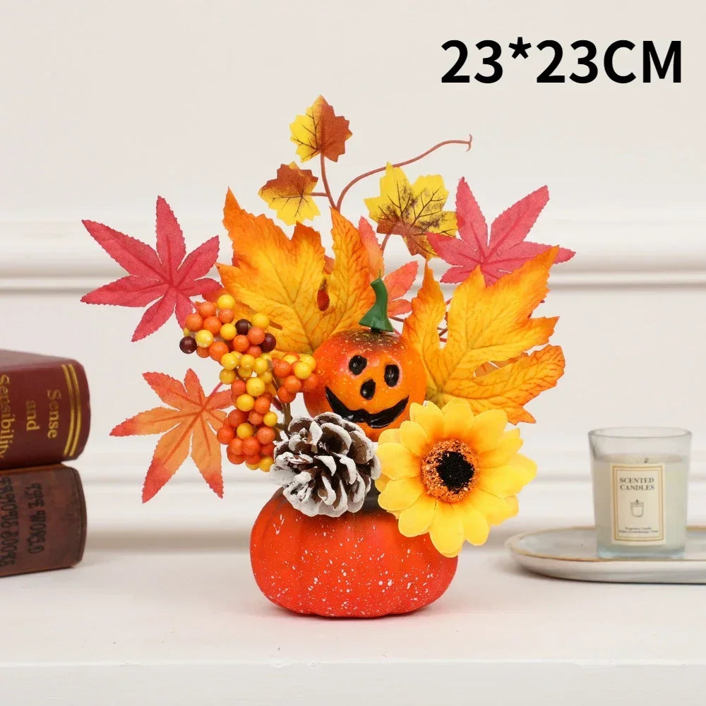 Festa Junina Abóbora artificial com flores, decoração de ação de graças com folhas bordo