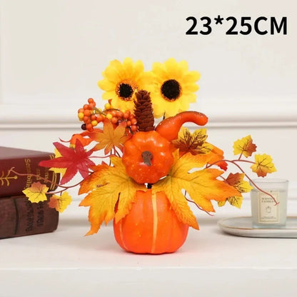 Festa Junina Abóbora artificial com flores, decoração de ação de graças com folhas bordo