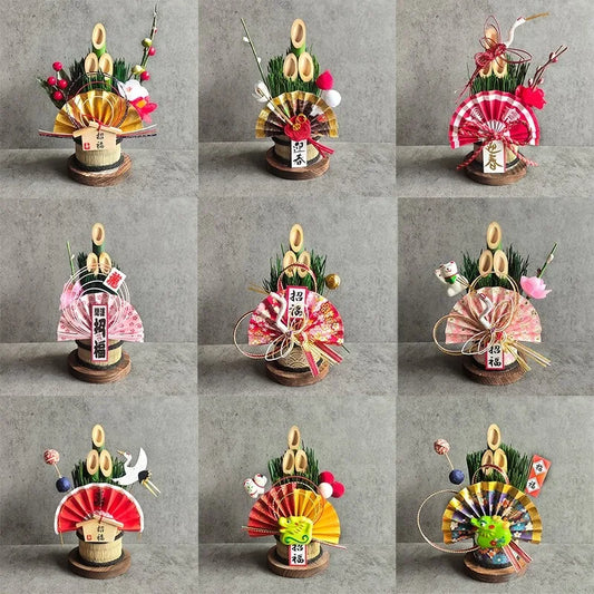 Vaso Três Tubos Leque Dourado com Placa de Madeira, Adorno de Mesa de Ano Novo Japonês (Kadomatsu)