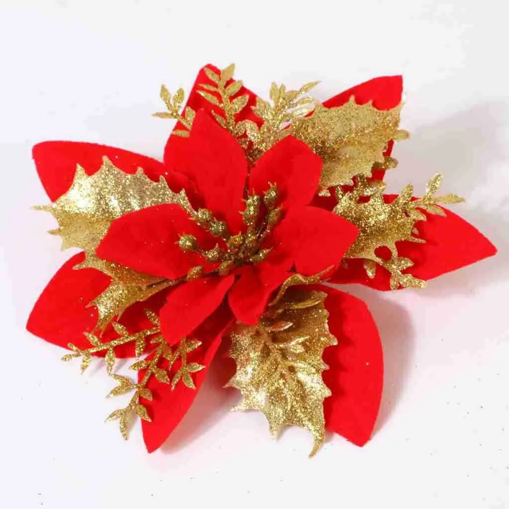 Flor Vermelha Natalina com Glitter  Flores Natal Artificiais Glitter de 14 cm, 5/10/20/50 Peças