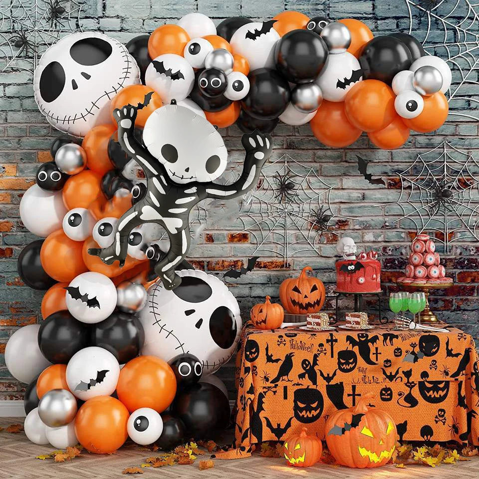 Balão Halloween, Balões látex coloridos com teia aranha - Guirlanda balões preto laranja