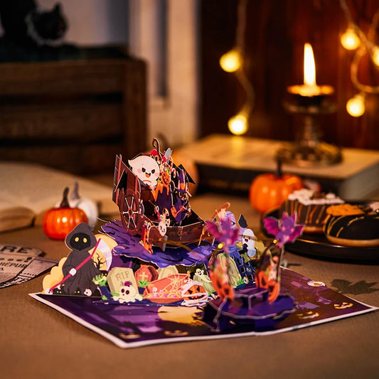 Cartão de Halloween Pop-up 3D Aleatório Fantasma Coruja Morcego Árvore